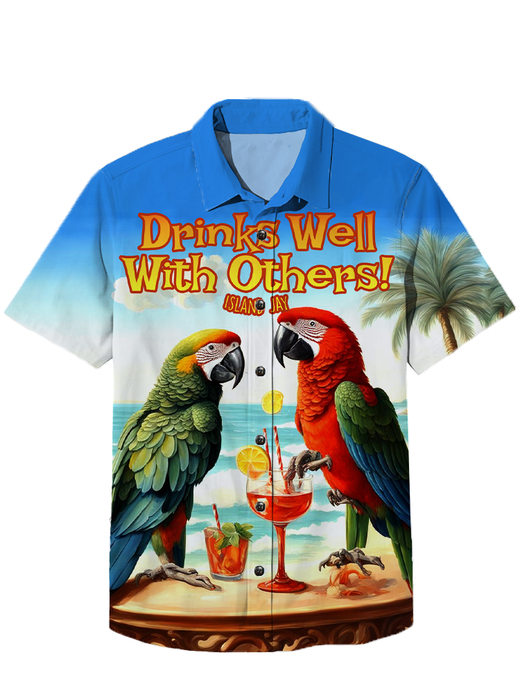 Parrot Playing Guitar Beach Party Vacation Hawaiian Short Sleeve Shirt