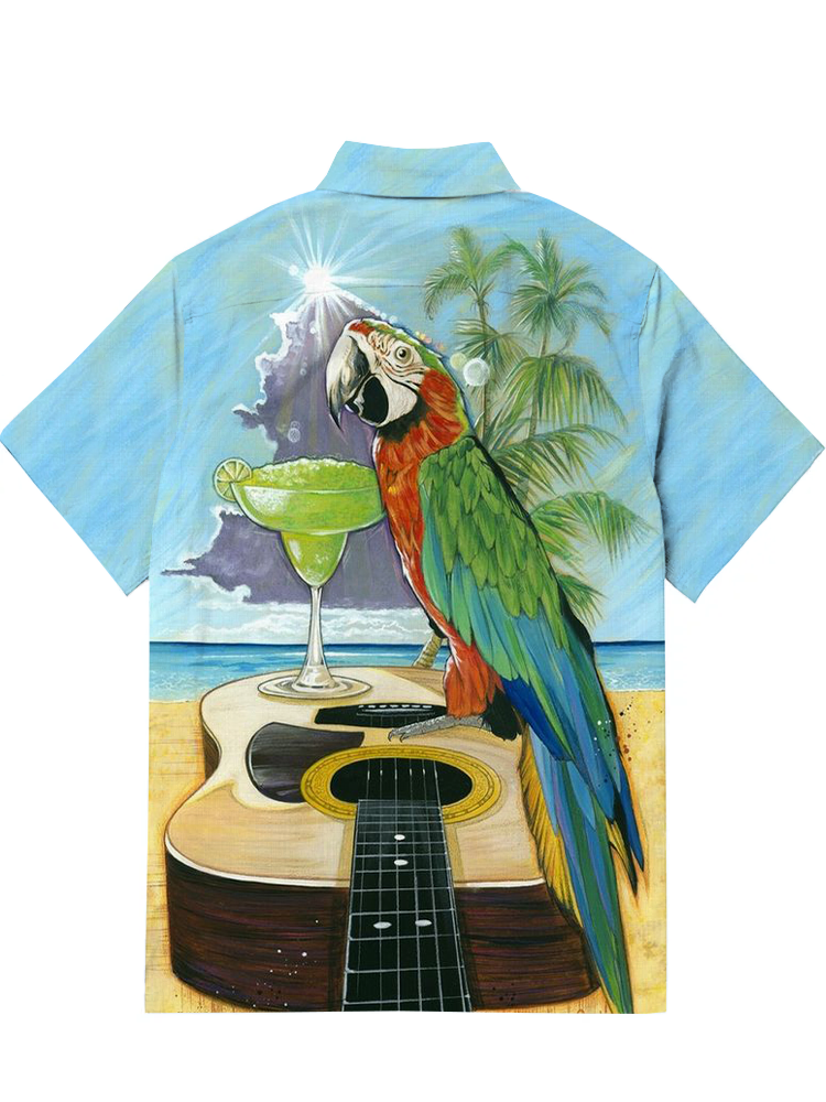 Hawaiian Parrot Playing Guitar Casual Short Sleeve Shirt